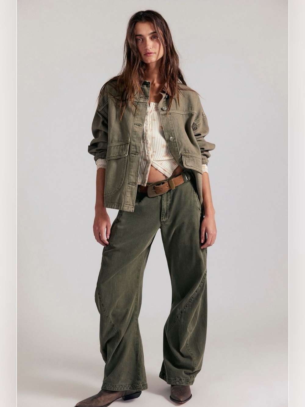 NWT Free People Spotlight Washed Barrel Chino Trouser Olive